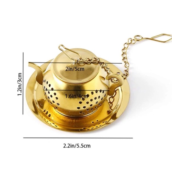 New Gold Stainless Steel Loose Leaf Tea Strainer Filter Chain Saucer Minimalist - Picture 7 of 16